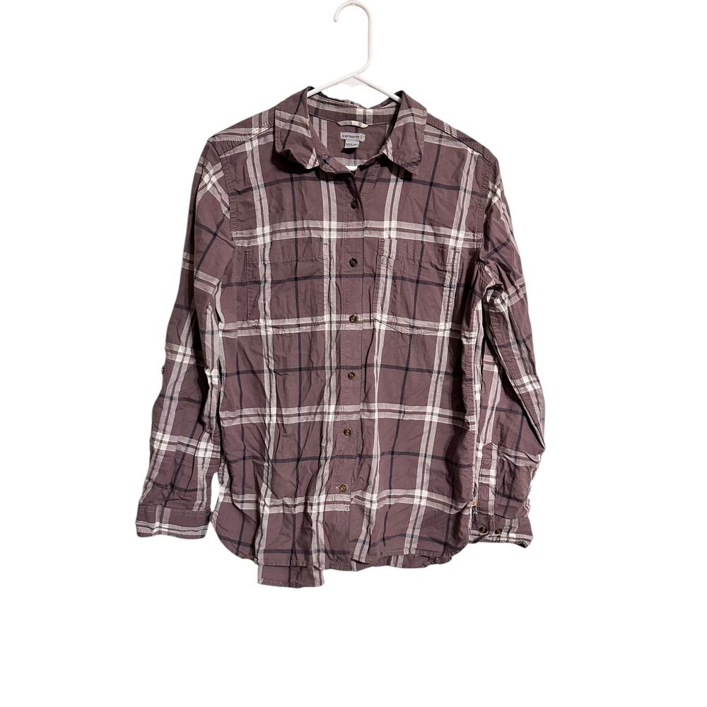 Carhartt Women's Shirt Button Up Roll Tab Sleeve Plaid Mauve Size Medium